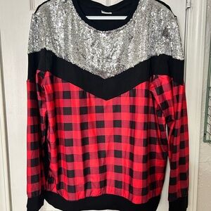 NWOT Long Sleeve Red & Black Plaid Sequin Holiday Sweater